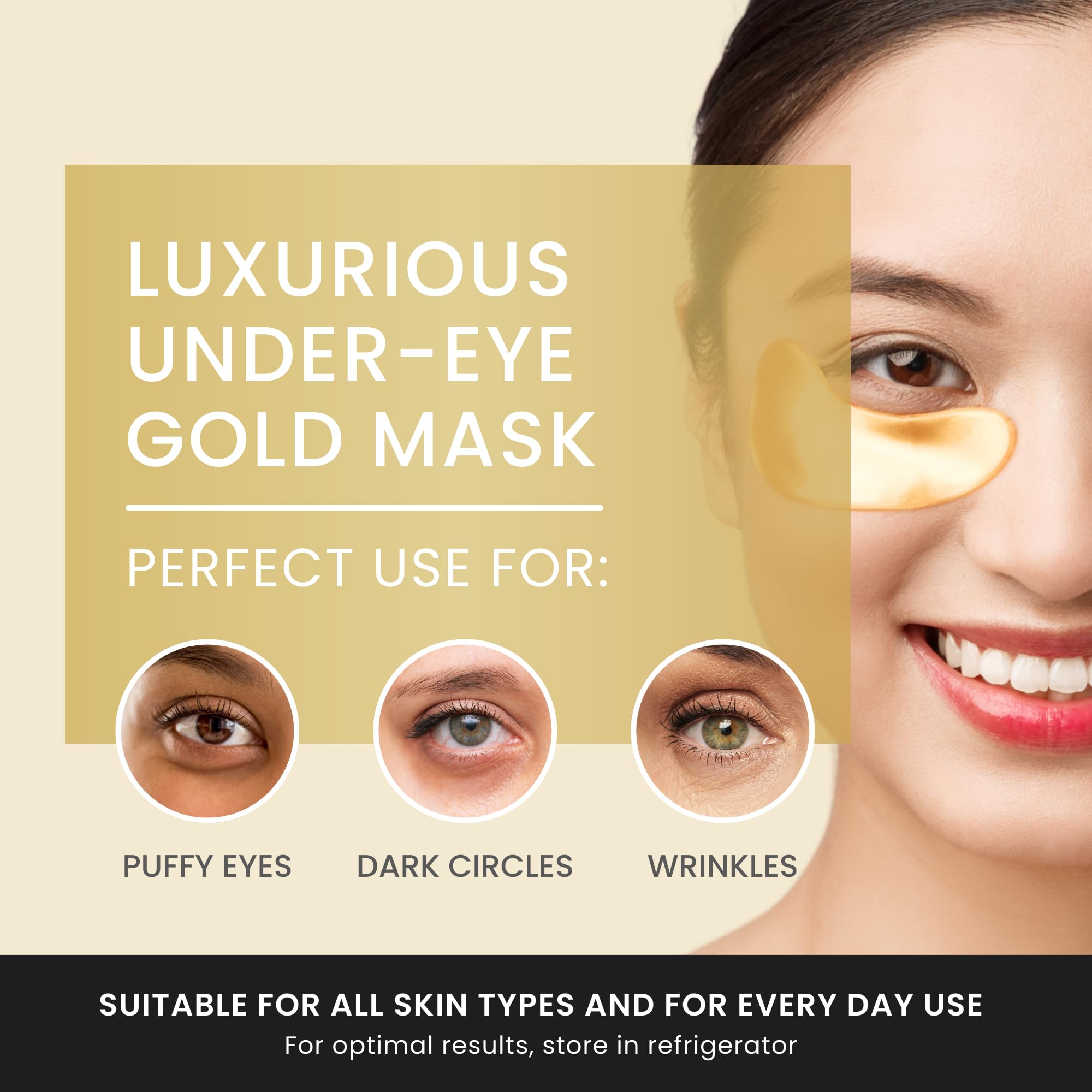 The Hollywood Eye 24K Gold Under Eye Patches on skin showing potential puffiness reduction