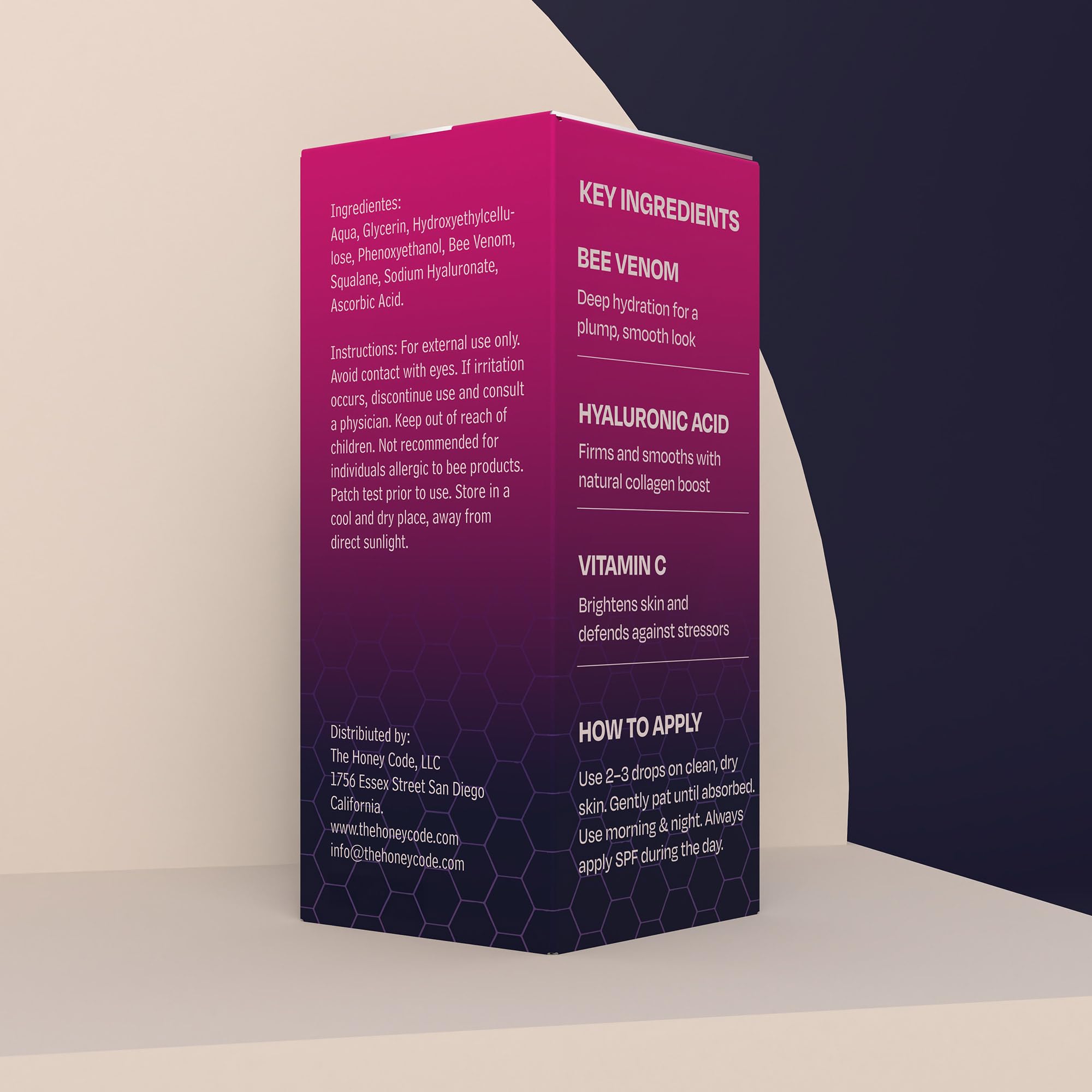 The Honey Code Bee Venom Serum on bathroom shelf complements daily routine.