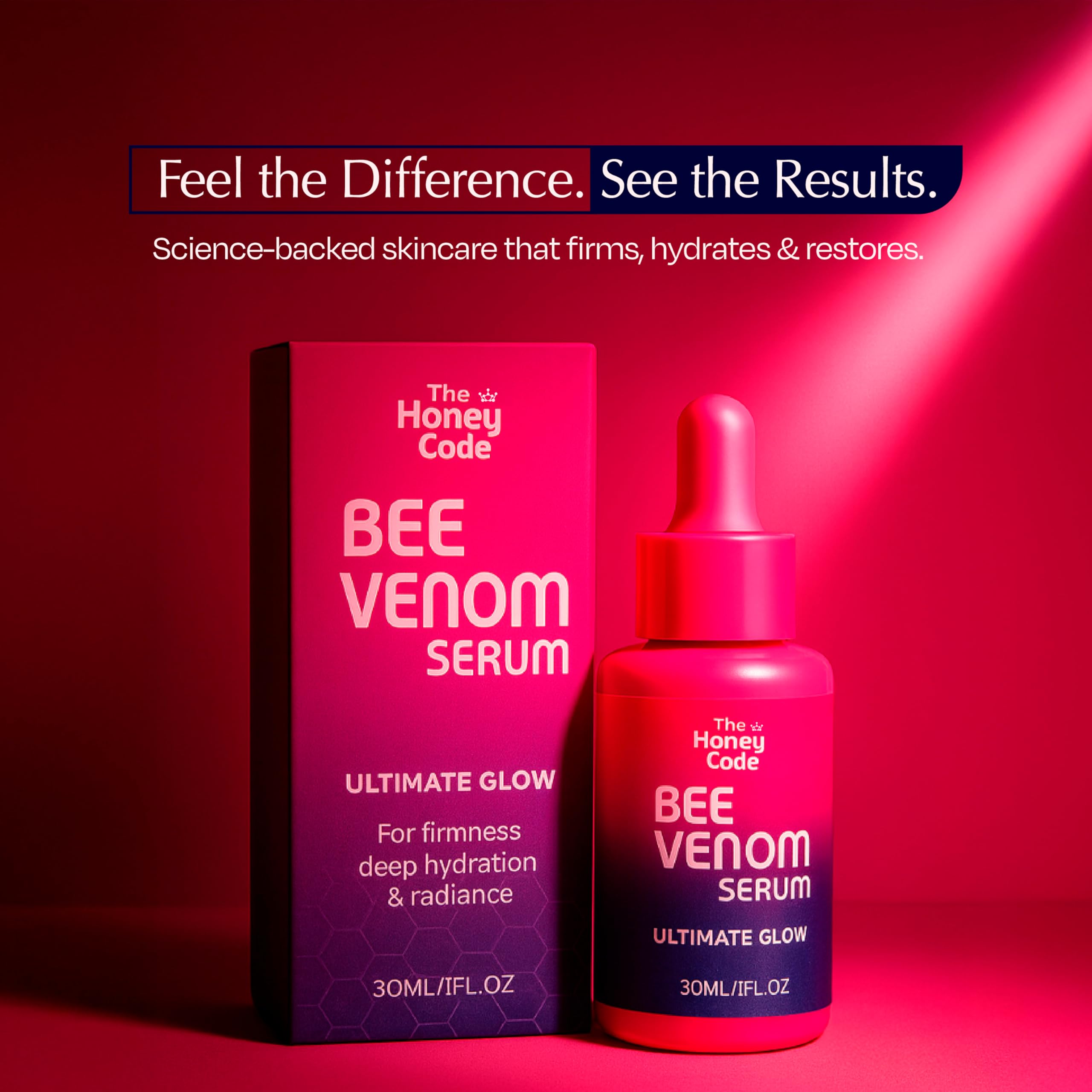 The Honey Code Bee Venom Serum beside skincare tools for night routine prep.
