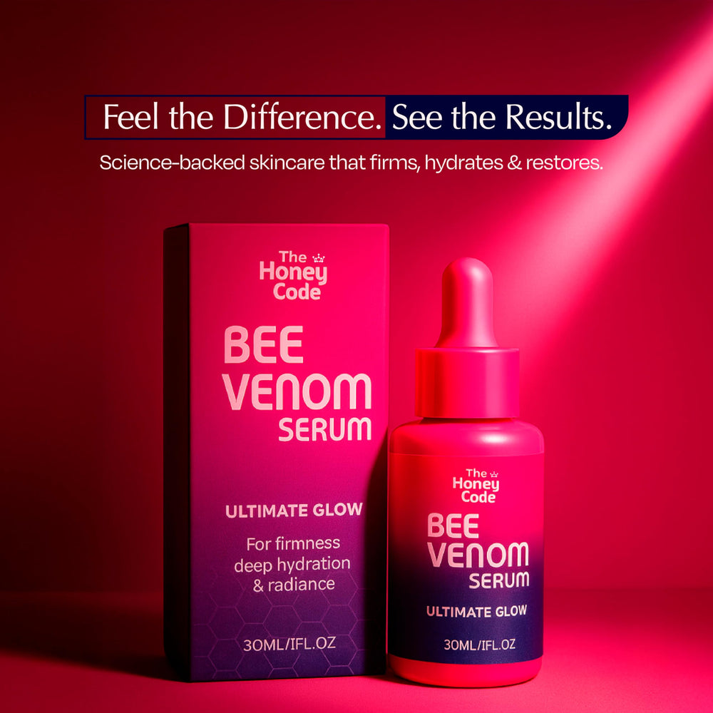 The Honey Code Bee Venom Serum beside skincare tools for night routine prep.