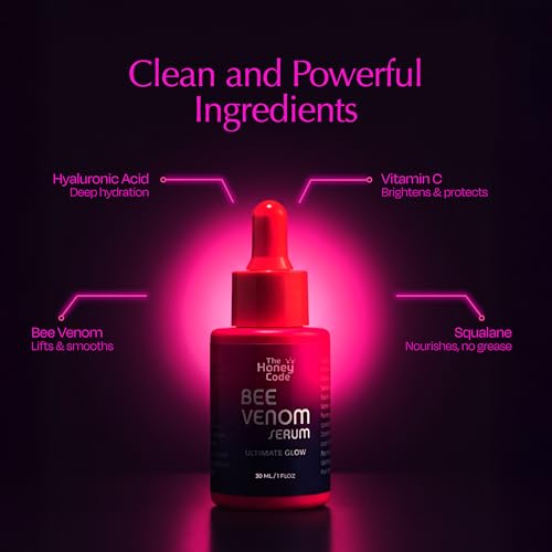 The Honey Code Bee Venom Serum packaging box on vanity signaling clean beauty promise.