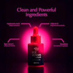 The Honey Code Bee Venom Serum packaging box on vanity signaling clean beauty promise.