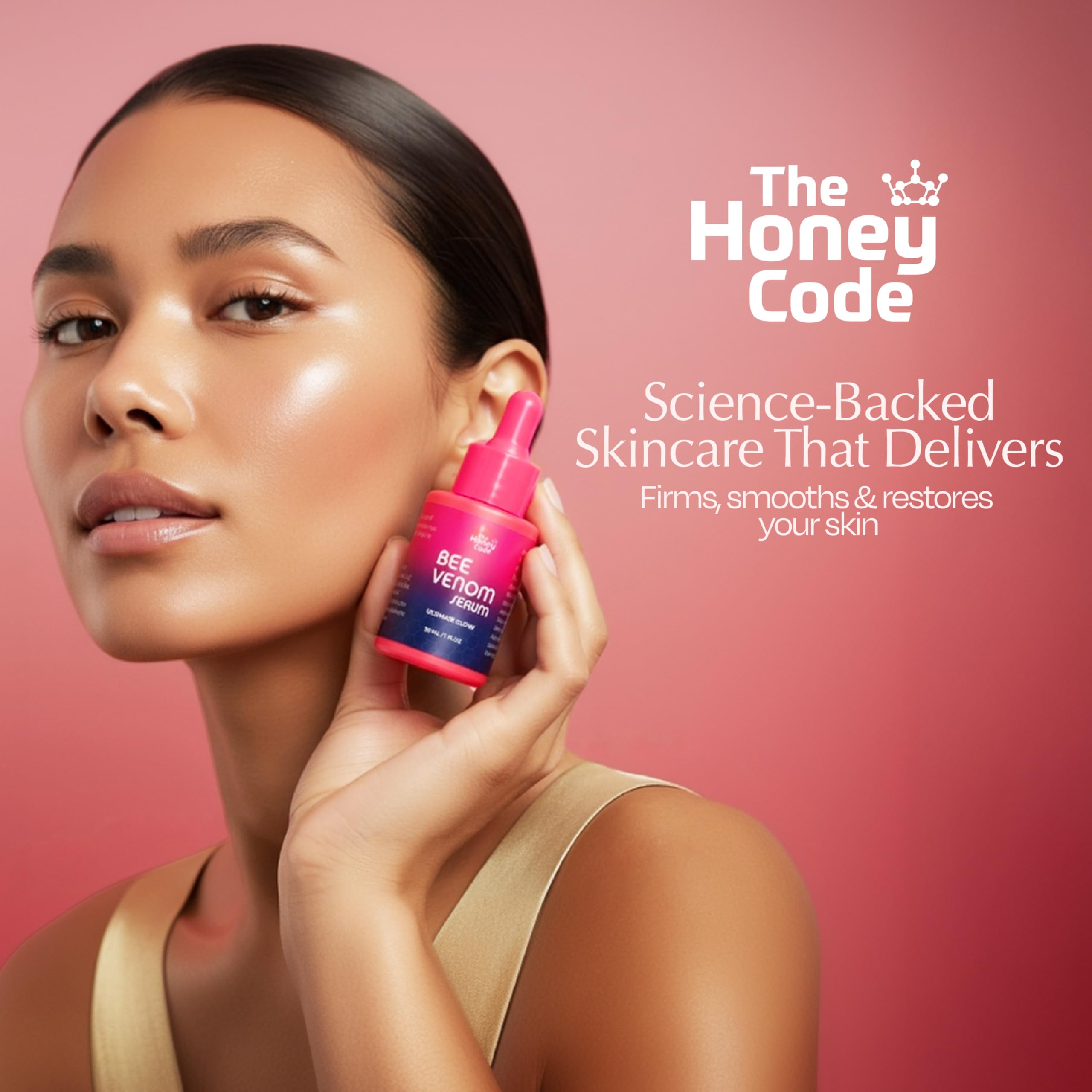 The Honey Code Bee Venom Serum texture close-up reveals light, fast-absorbing hydration.