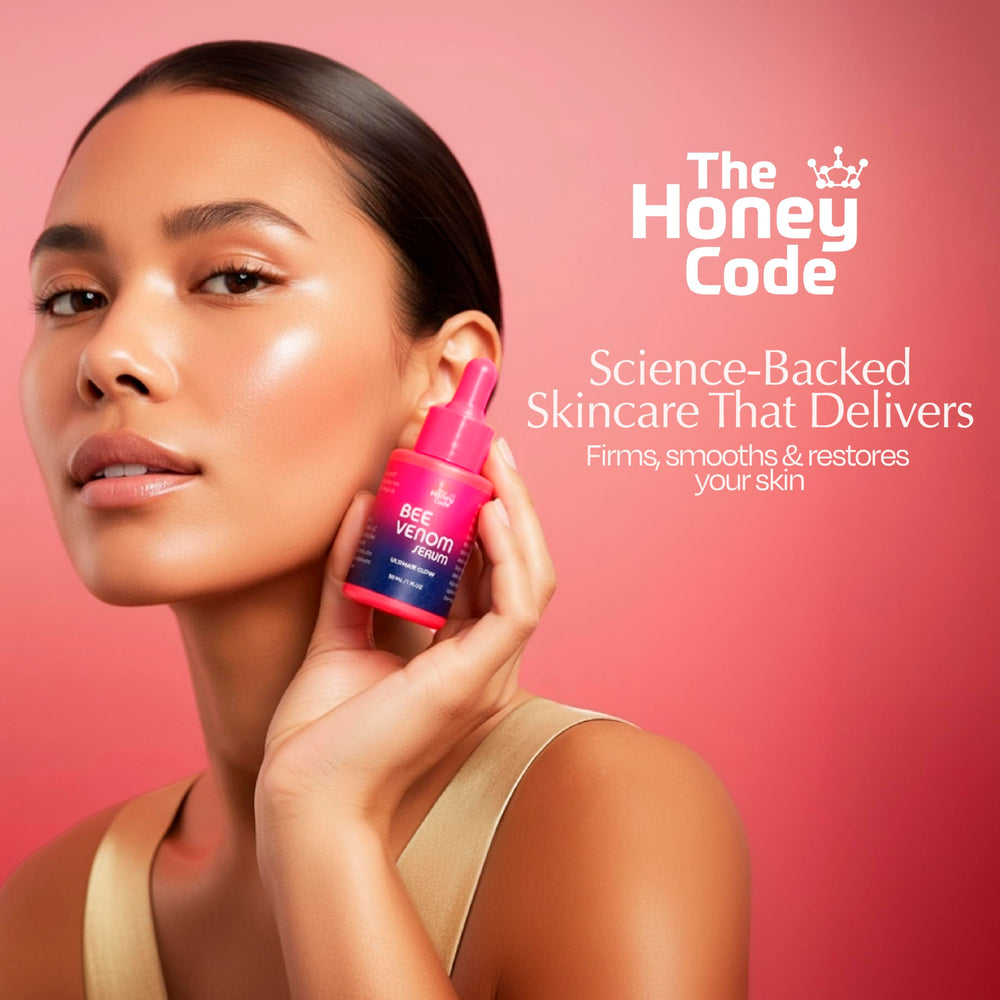 The Honey Code Bee Venom Serum texture close-up reveals light, fast-absorbing hydration.