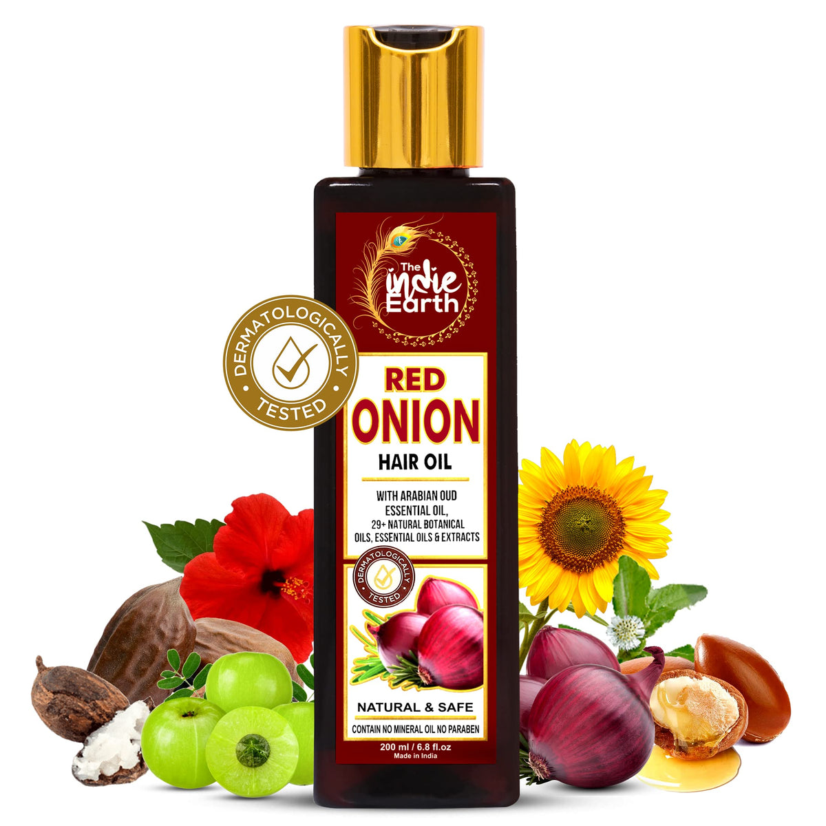 The Indie Earth Red Onion Hair Growth Oil bottle showing premium natural hair care for strength.