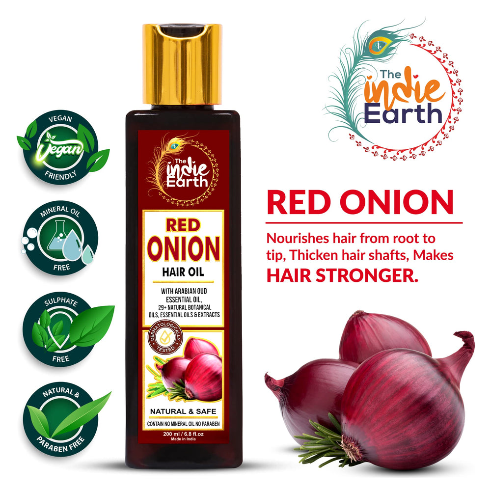 The Indie Earth Red Onion Hair Growth Oil dropper emphasizes precise nightly application.