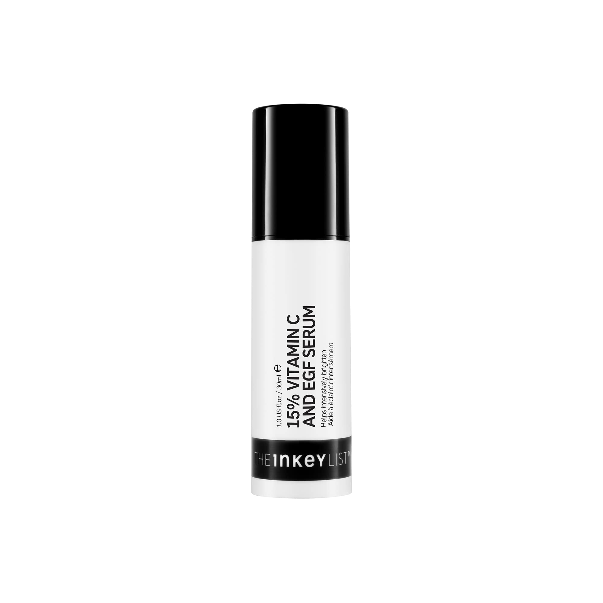 The INKEY List 15% Vitamin C EGF Serum bottle highlights brightening formula.