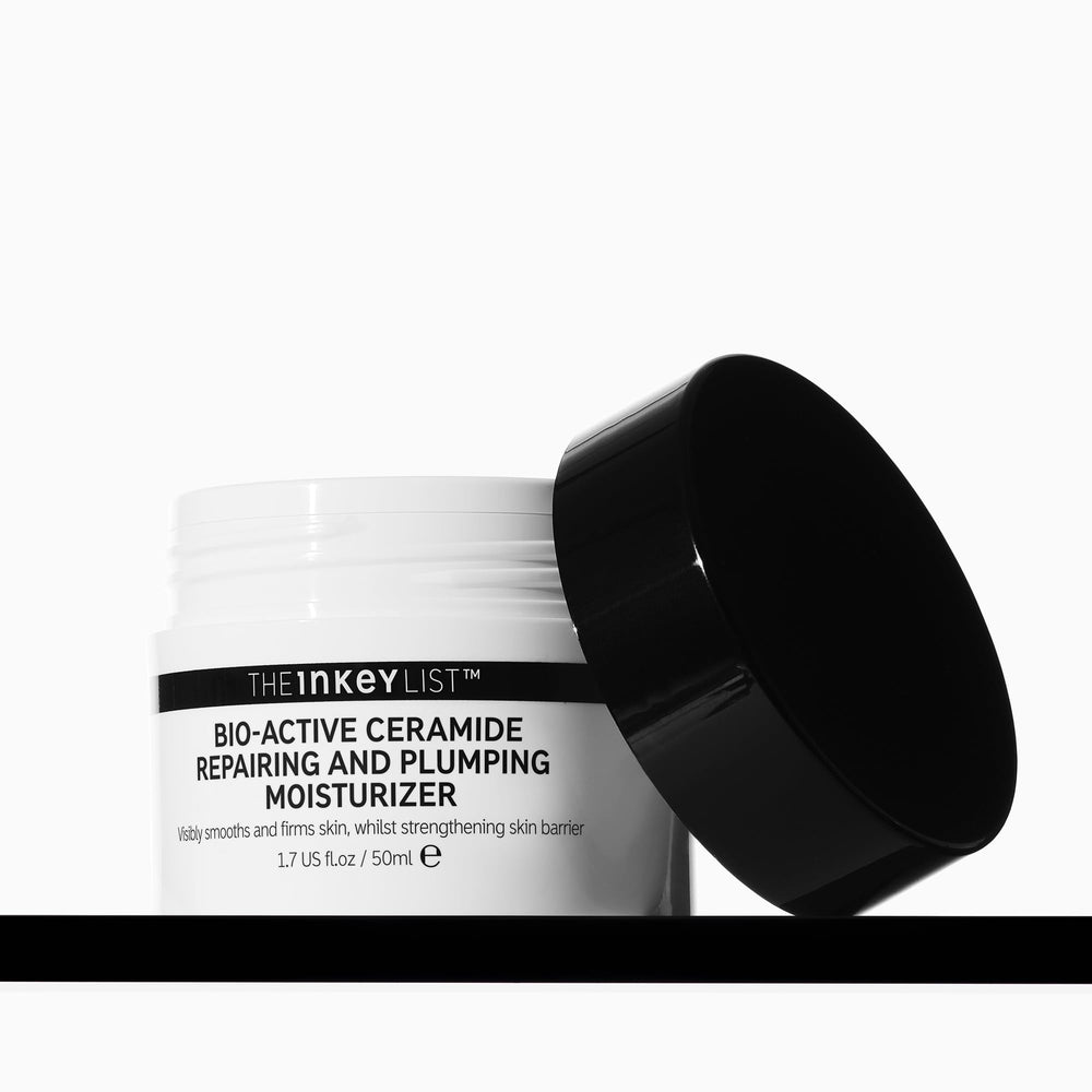 The INKEY List Bio-Active Ceramide Repairing and Plumping Moisturizer bottle close-up highlighting hydration.