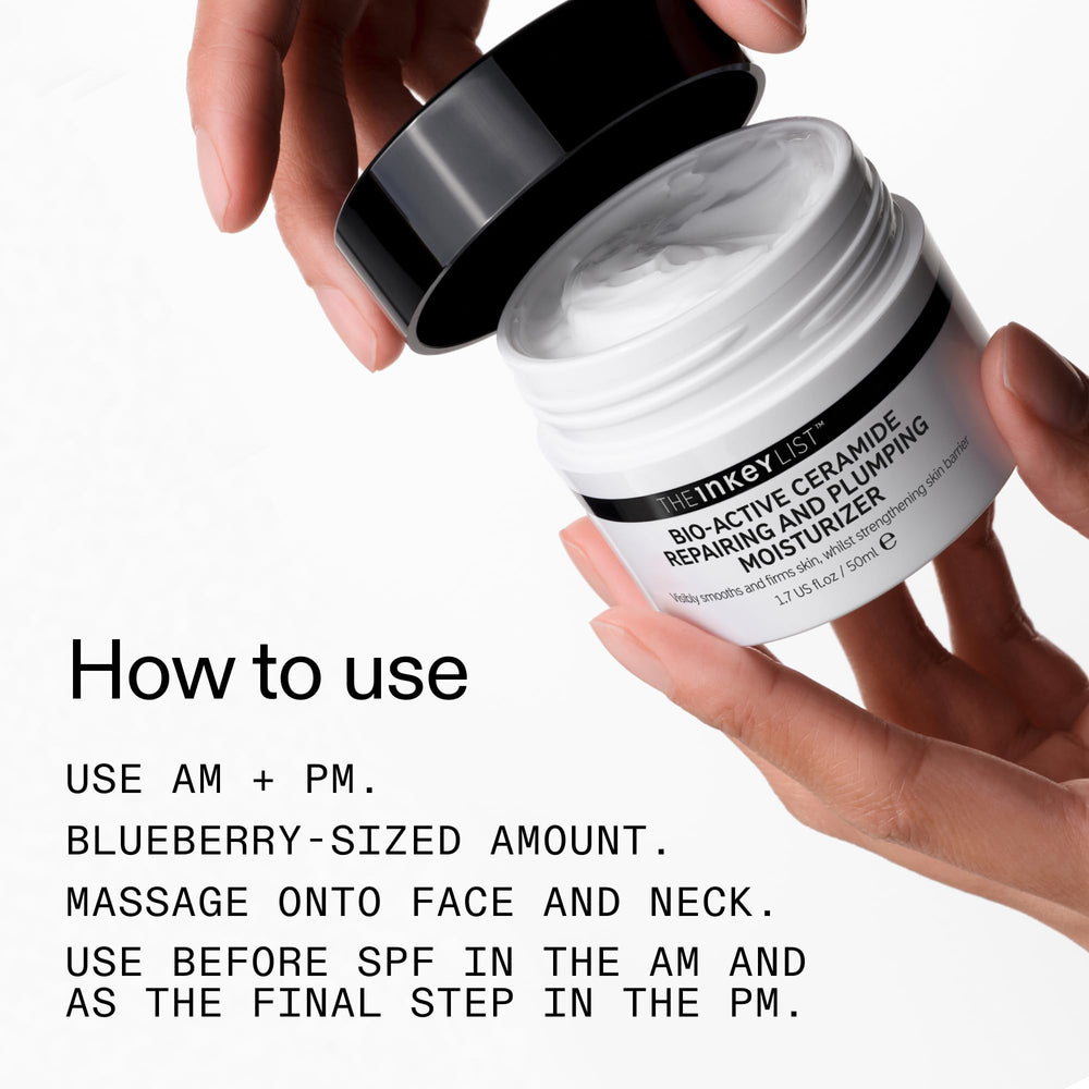 The INKEY List Bio-Active Ceramide Repairing and Plumping Moisturizer on neck and décolletage for targeted hydration.