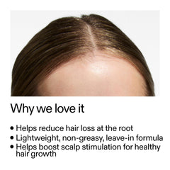 The INKEY List caffeine scalp treatment closeup shows label and smooth, fast-absorbing serum texture.