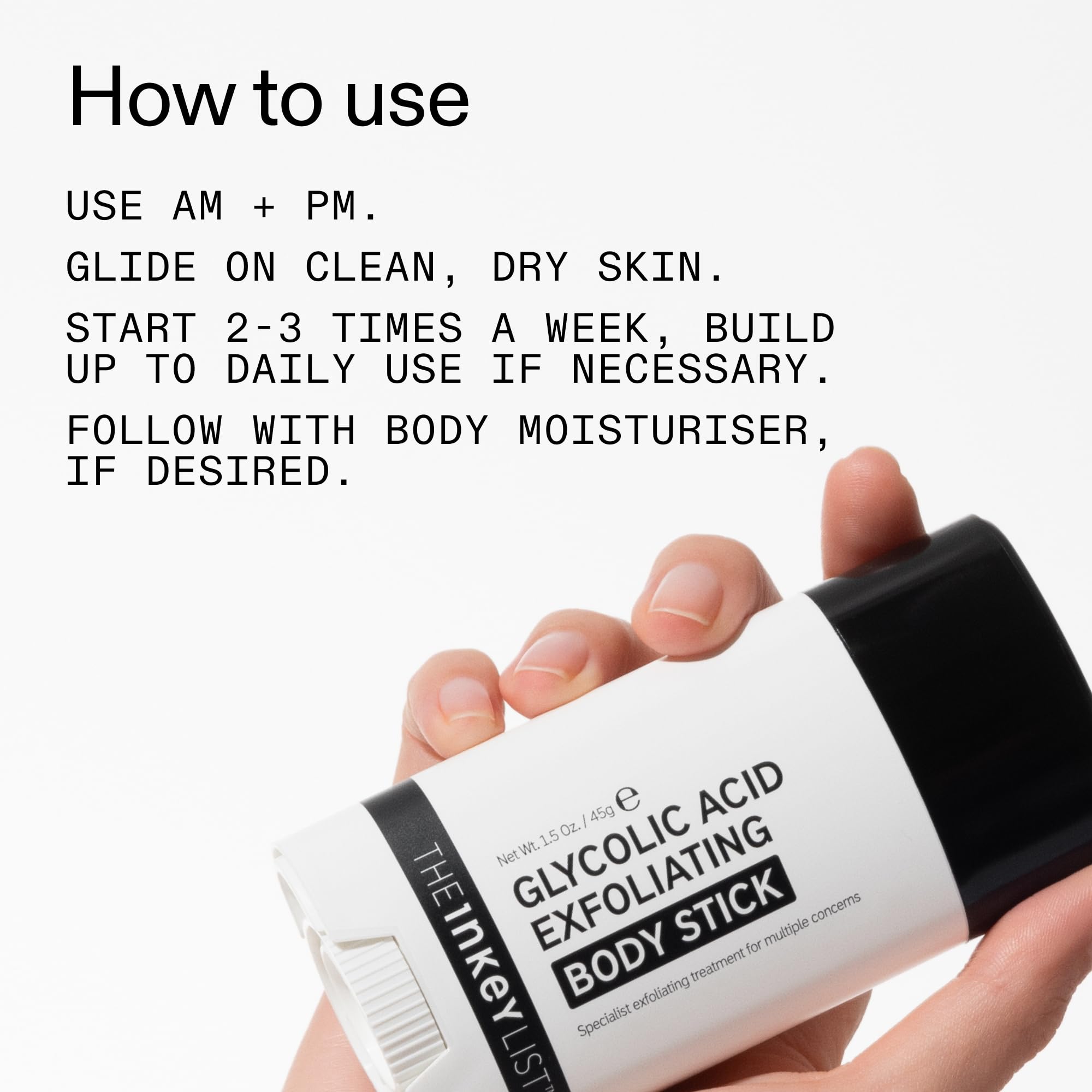 Easy-glide application on The INKEY List Glycolic Body Stick