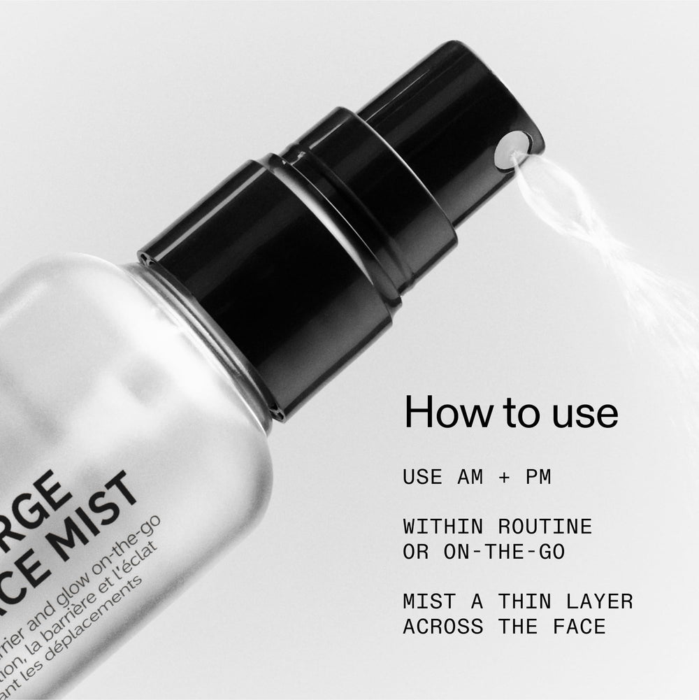 Hands spritz Hydro-Surge and a fine veil forms on skin.