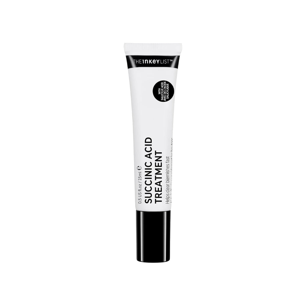 The INKEY List Succinic Acid Treatment bottle close-up showing targeted blemish care and oil reduction.