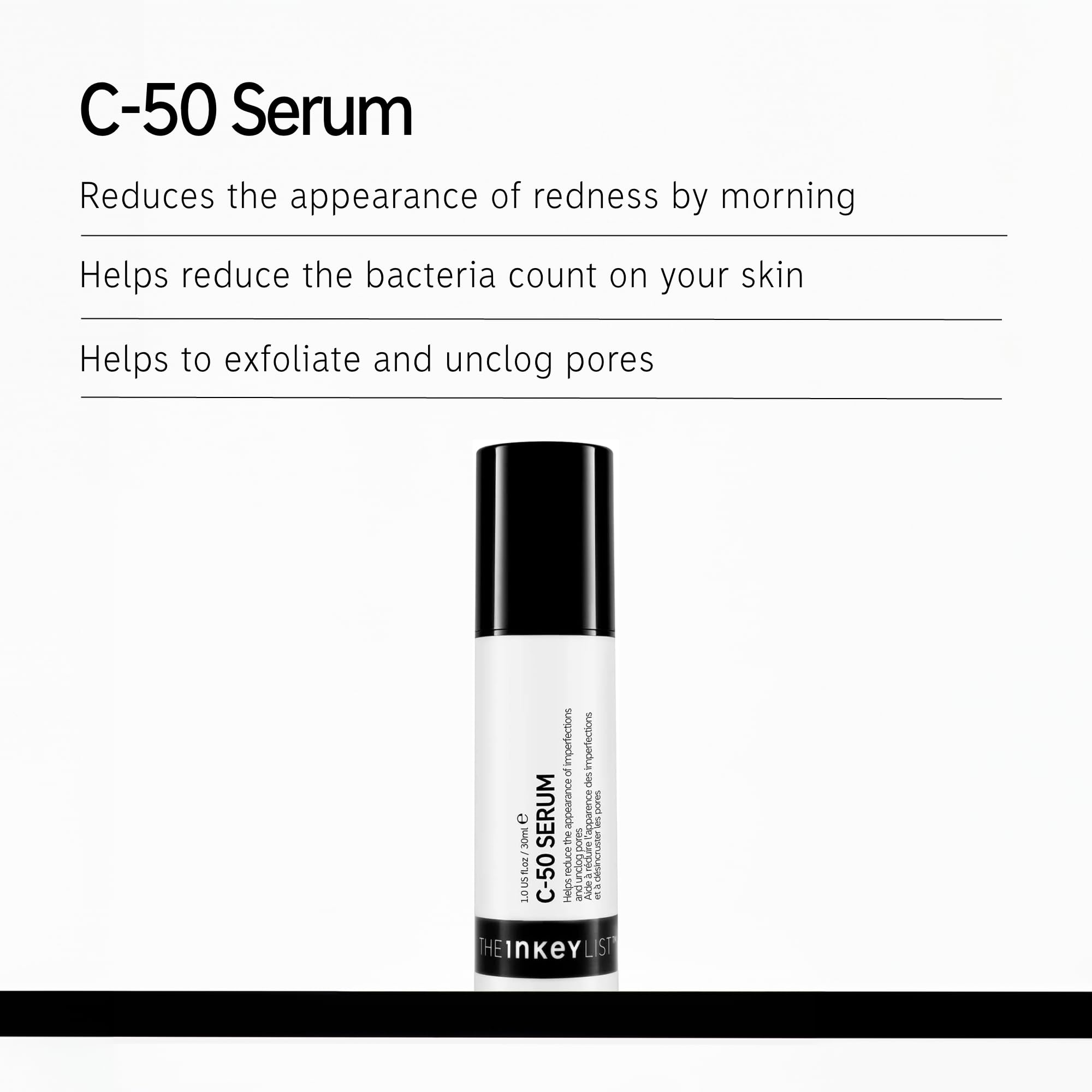 The INKEY List C-50 serum texture application close-up signals pea-sized night use.