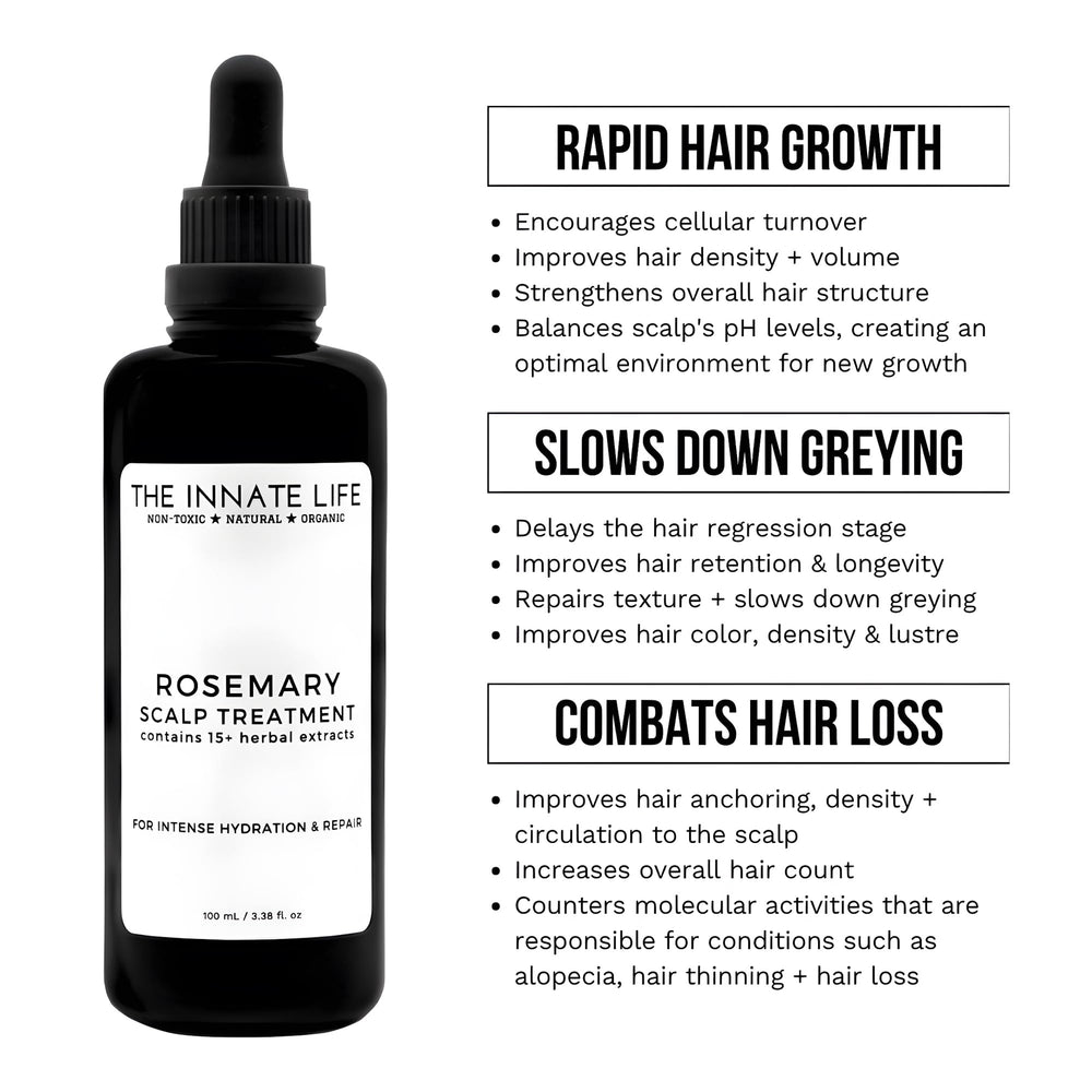 The Innate Life rosemary scalp closeup of the essential oil blend for revitalizing hair care.