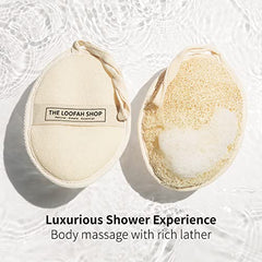 The Loofah Shop muestra textura fibrosa suave para exfoliación diaria.