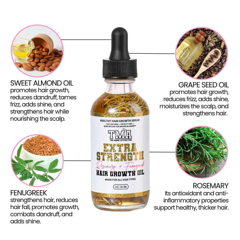 The Mane Attraction rosemary-fenugreek oil is applied to the scalp for a growth-support routine.