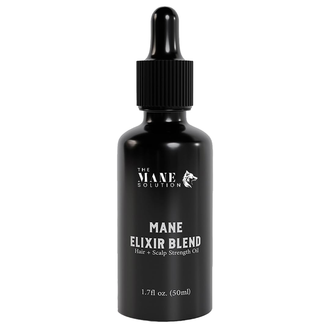 The Mane Solution Mane Elixir bottle front—growth oil for thinning hair.
