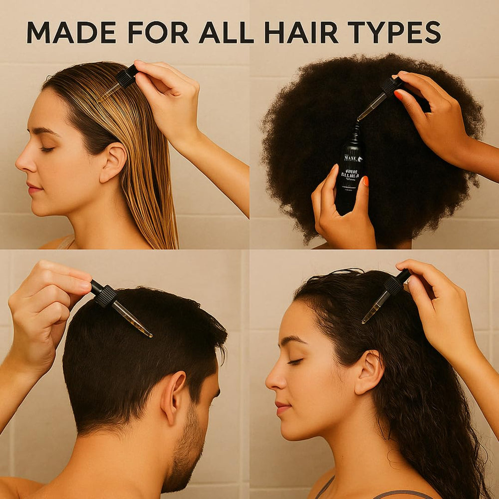 The Mane Solution Mane Elixir bottle beside hair strands—may support fuller-looking hair.