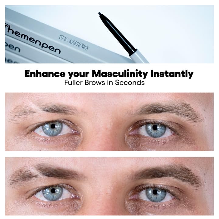 The Men Pen microblading eyebrow pen close-up shows precise hair-like strokes.