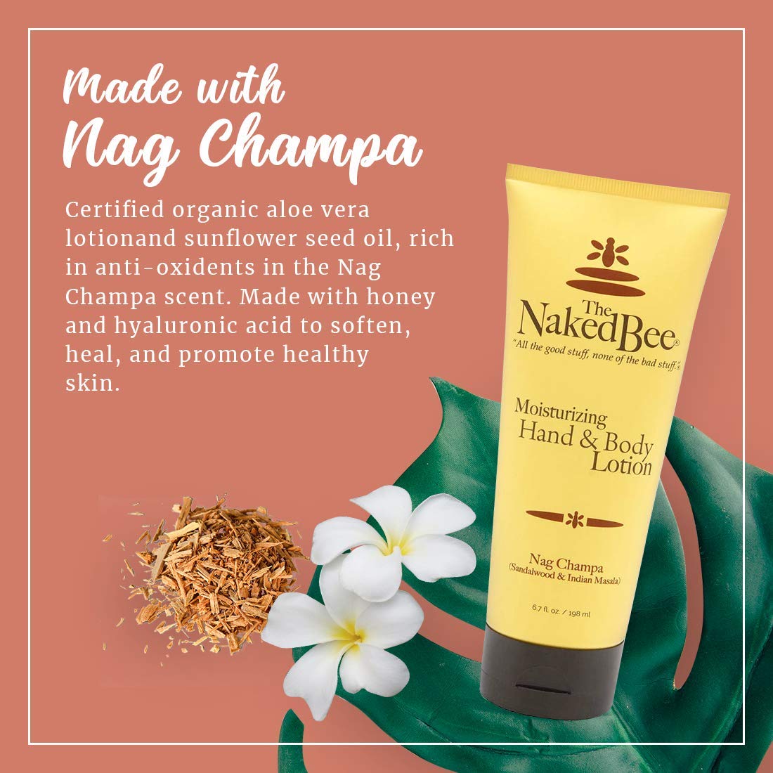 The Naked Bee Nag Champa Sandalwood bottle with calming aroma for relaxation.