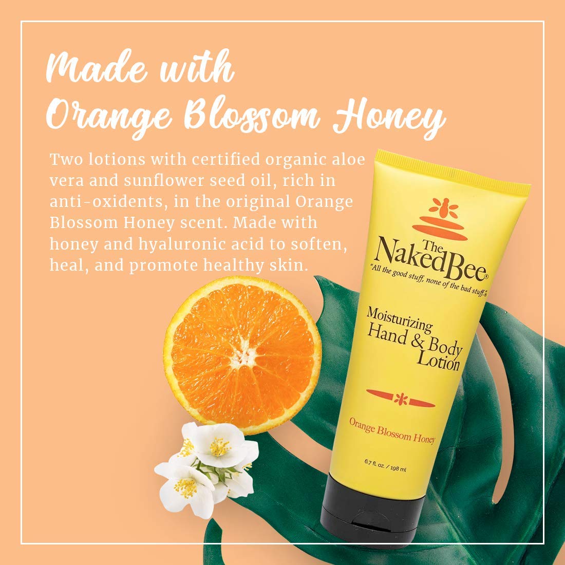 The Naked Bee orange blossom lotion label close-up with organic ingredients.