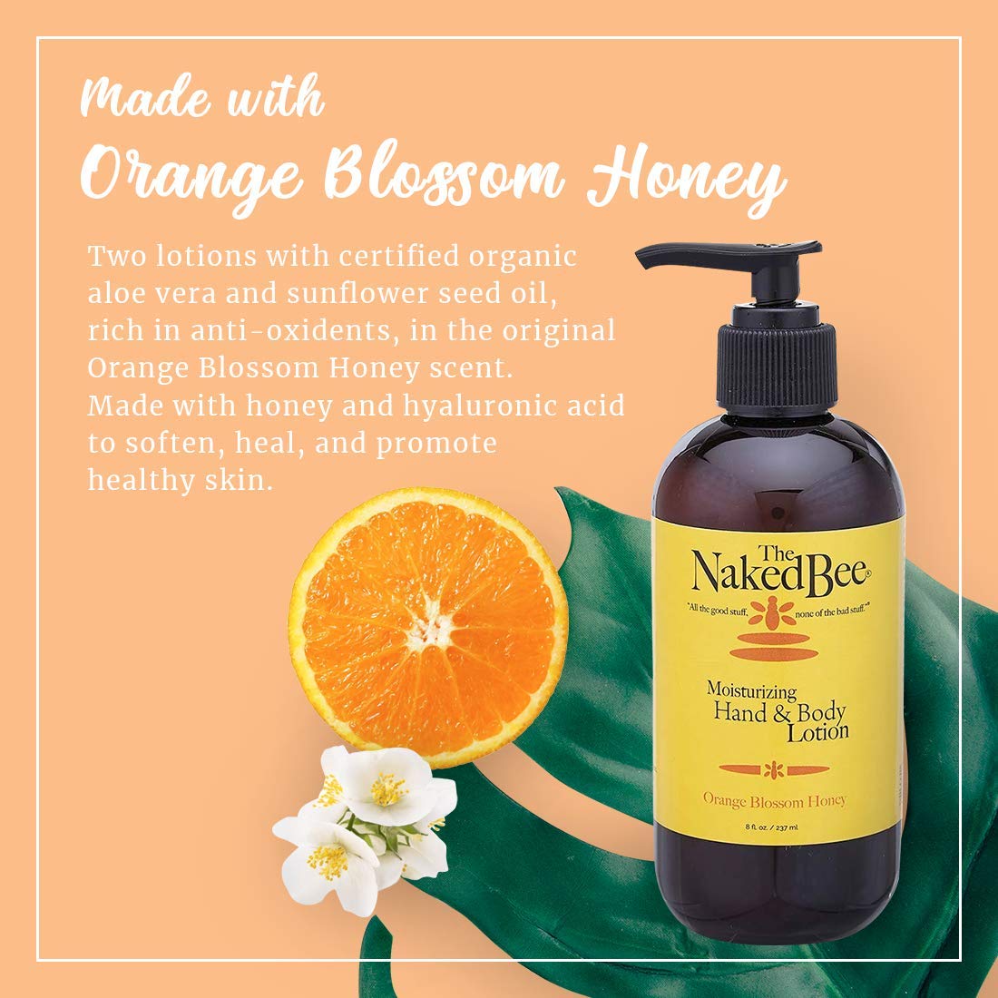 The Naked Bee orange blossom honey hand lotion pack back shows clean ingredients.