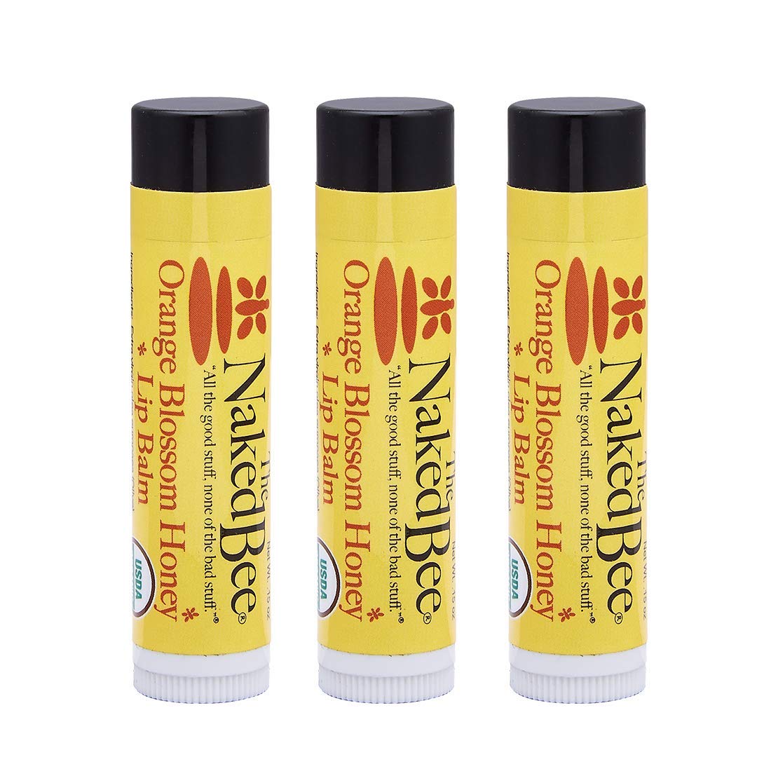 The Naked Bee Orange Blossom Honey Lip Balms 3-pack, front view for smooth, hydrated lips.