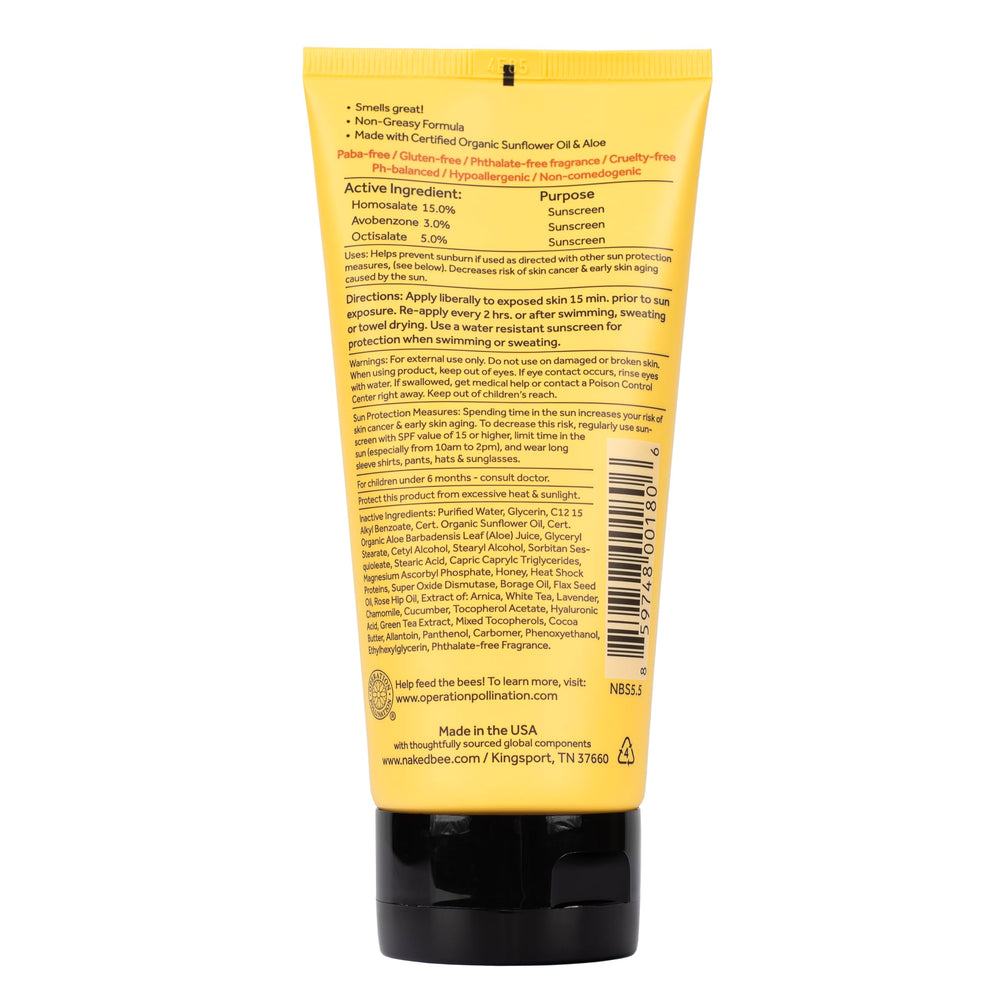 The Naked Bee SPF30 sunscreen lotion swatch demonstrates even coverage and UVA/UVB protection