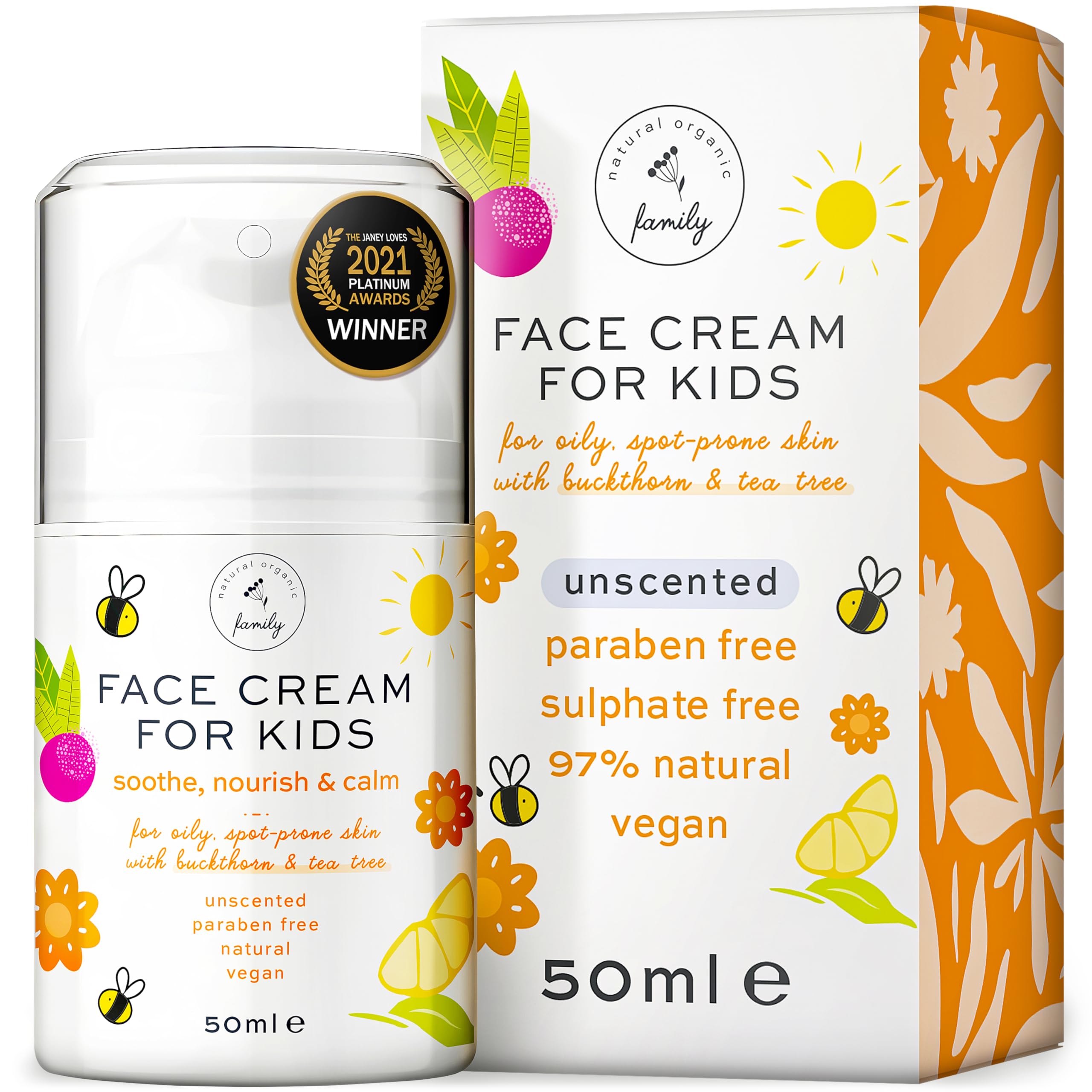 The Natural and Organic Family kids face cream jar closeup showing calming texture for sensitive skin care