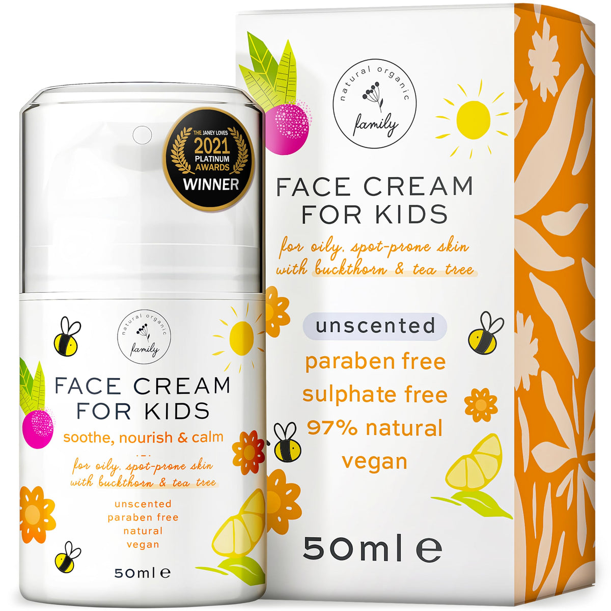 The Natural and Organic Family kids face cream jar closeup showing calming texture for sensitive skin care