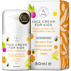 The Natural and Organic Family kids face cream jar closeup showing calming texture for sensitive skin care