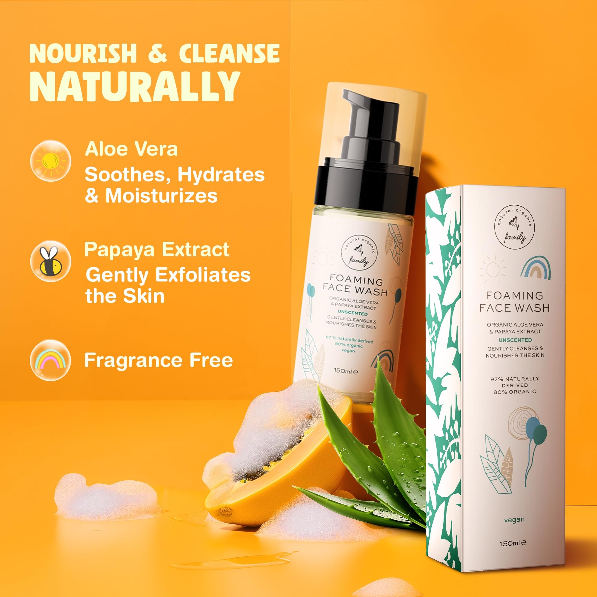 The Natural and Organic Family Kids Foaming Face Wash with Aloe Vera offers calming skin care.