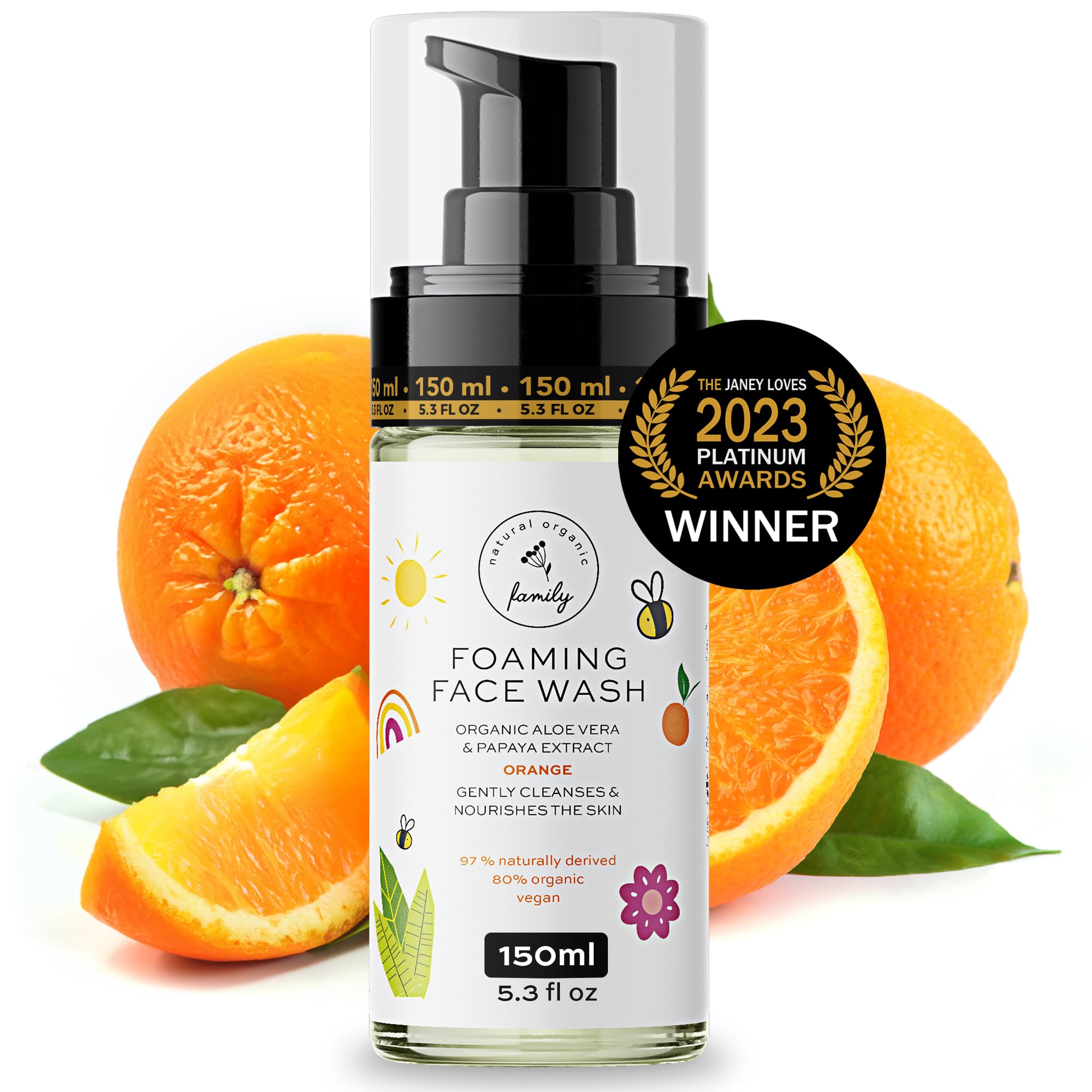 The Natural and Organic Family Kids Foaming Face Wash bottle showing gentle organic cleansing for kids.