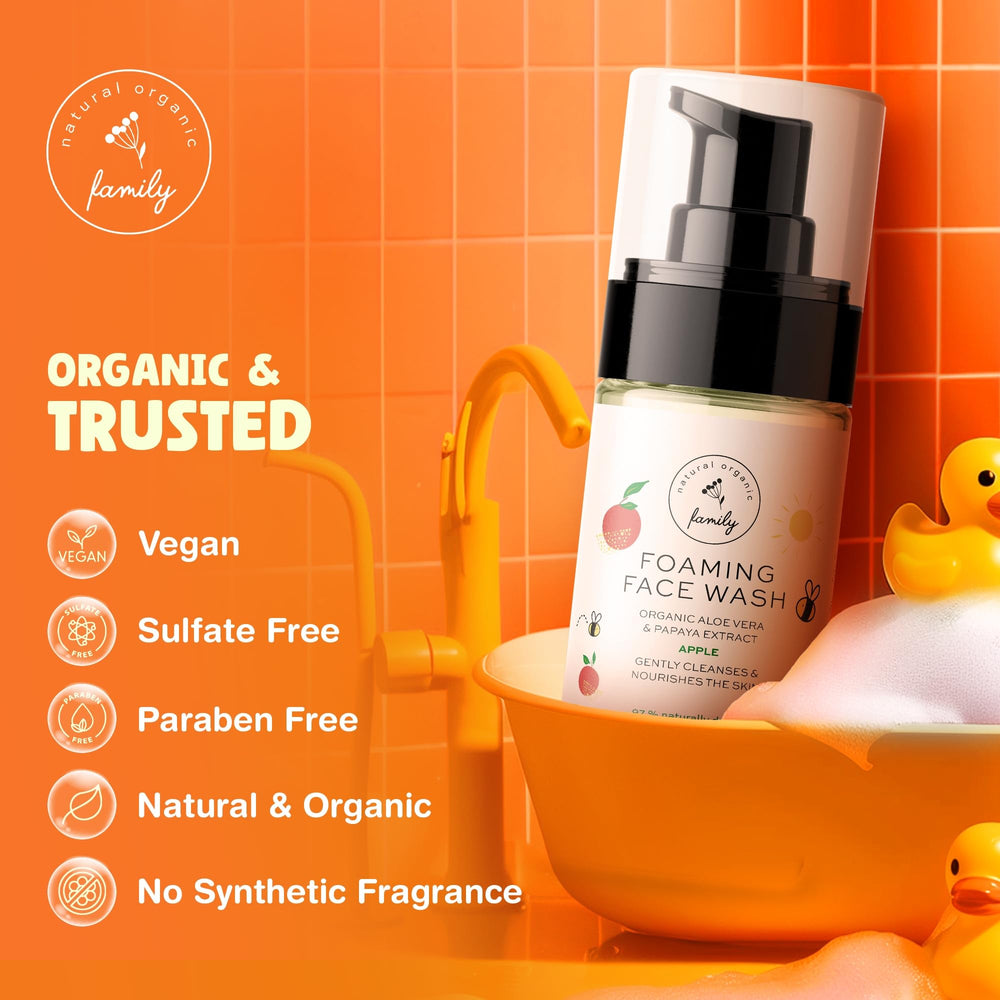 The Natural and Organic Family Kids Foaming Face Wash foam closeup showing light, hydrating lather.