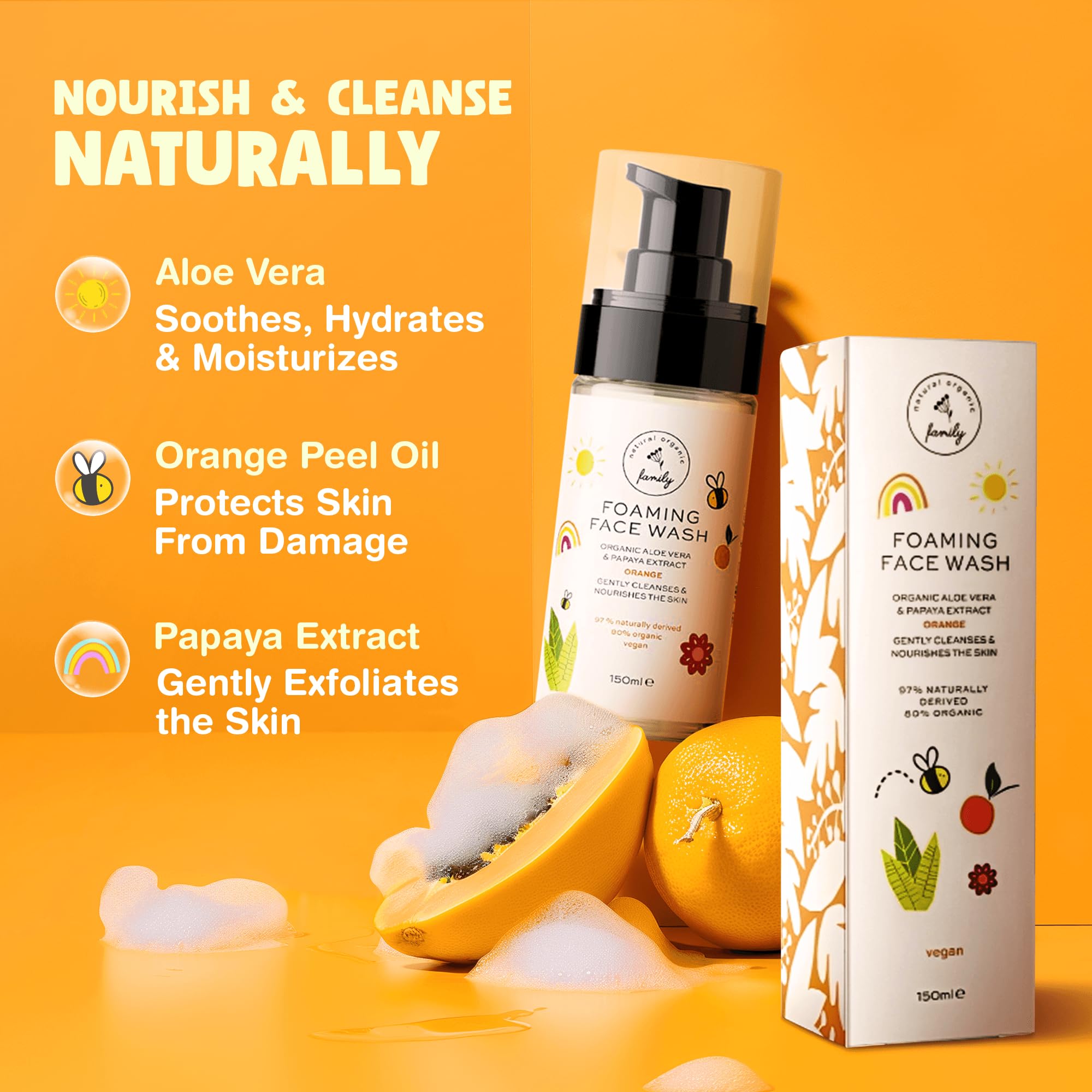 The Natural and Organic Family Kids Foaming Face Wash with orange oil offers a refreshing, natural scent.