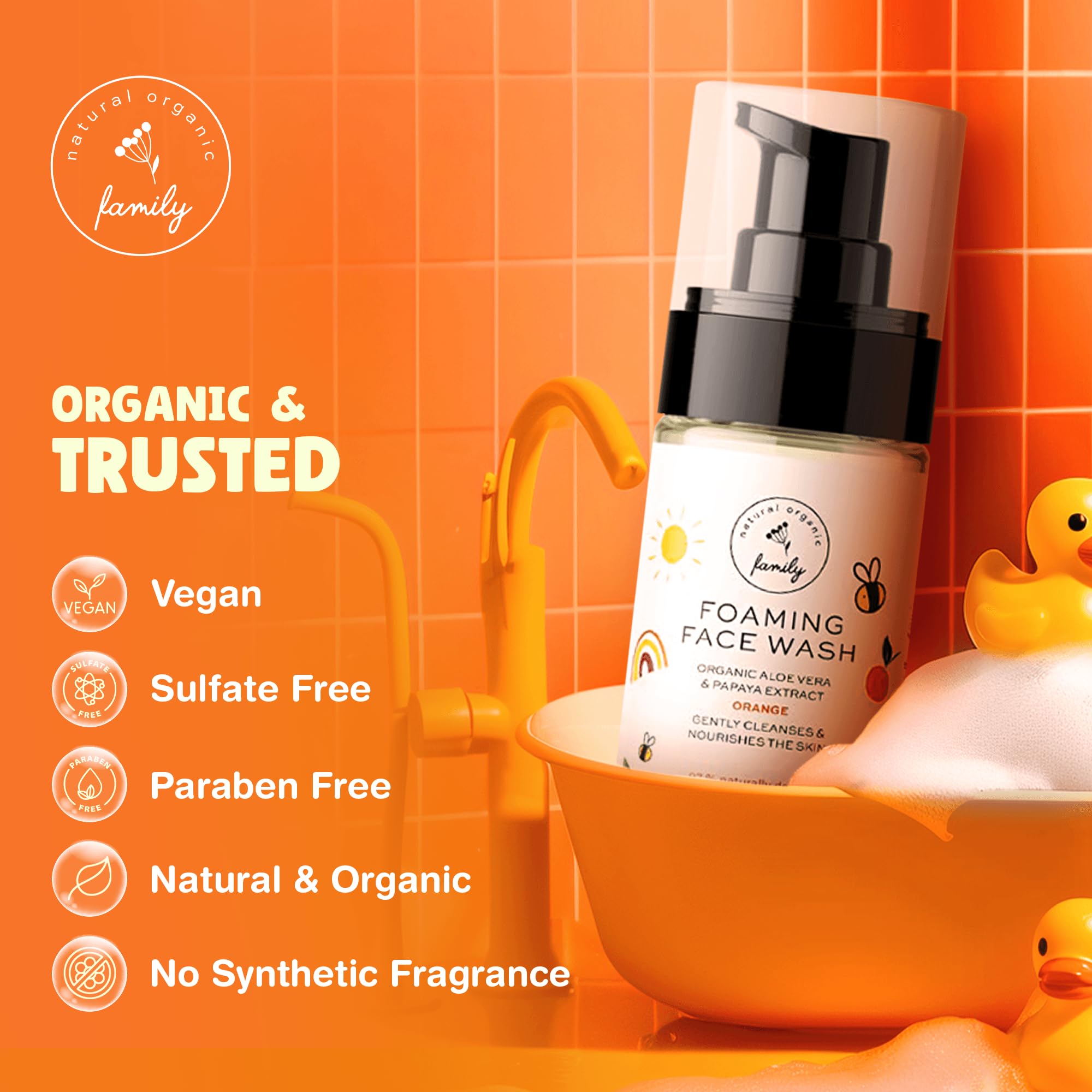 The Natural and Organic Family Kids Foaming Face Wash with papaya extract promotes gentle cleansing.