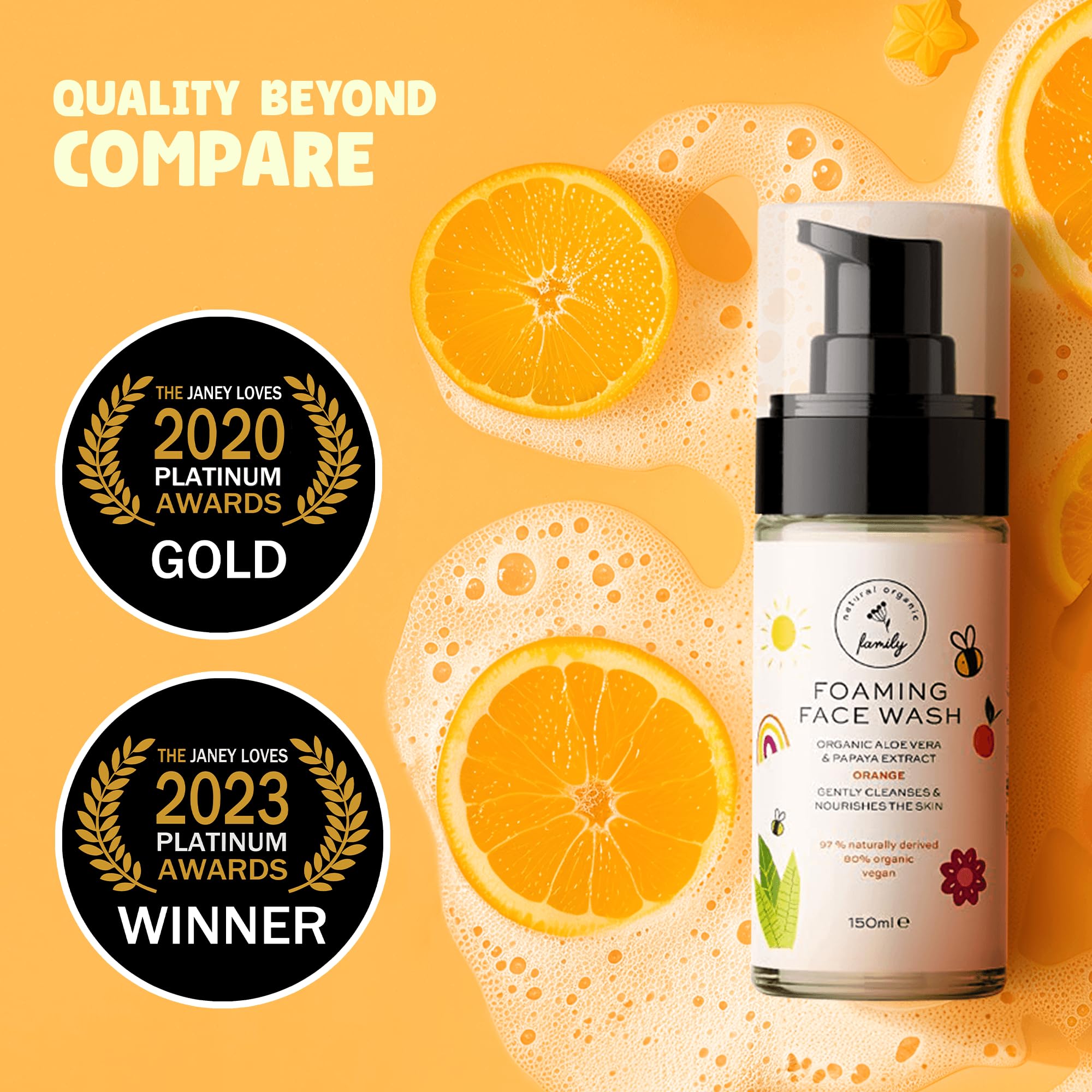 The Natural and Organic Family Kids Foaming Face Wash bottle highlighting UK-made production and trusted ingredients.