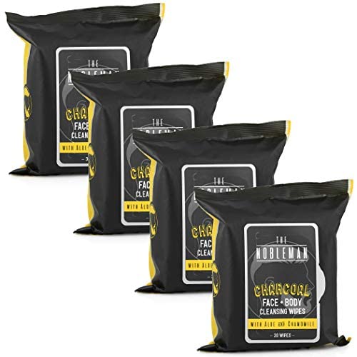 The Nobleman charcoal wipes aloe chamomile detail emphasizing gentle formula.