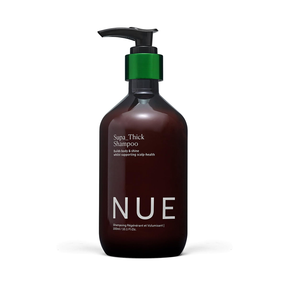 The Nue Co SUPA THICK Shampoo bottle front promotes balanced scalp and clean hair.
