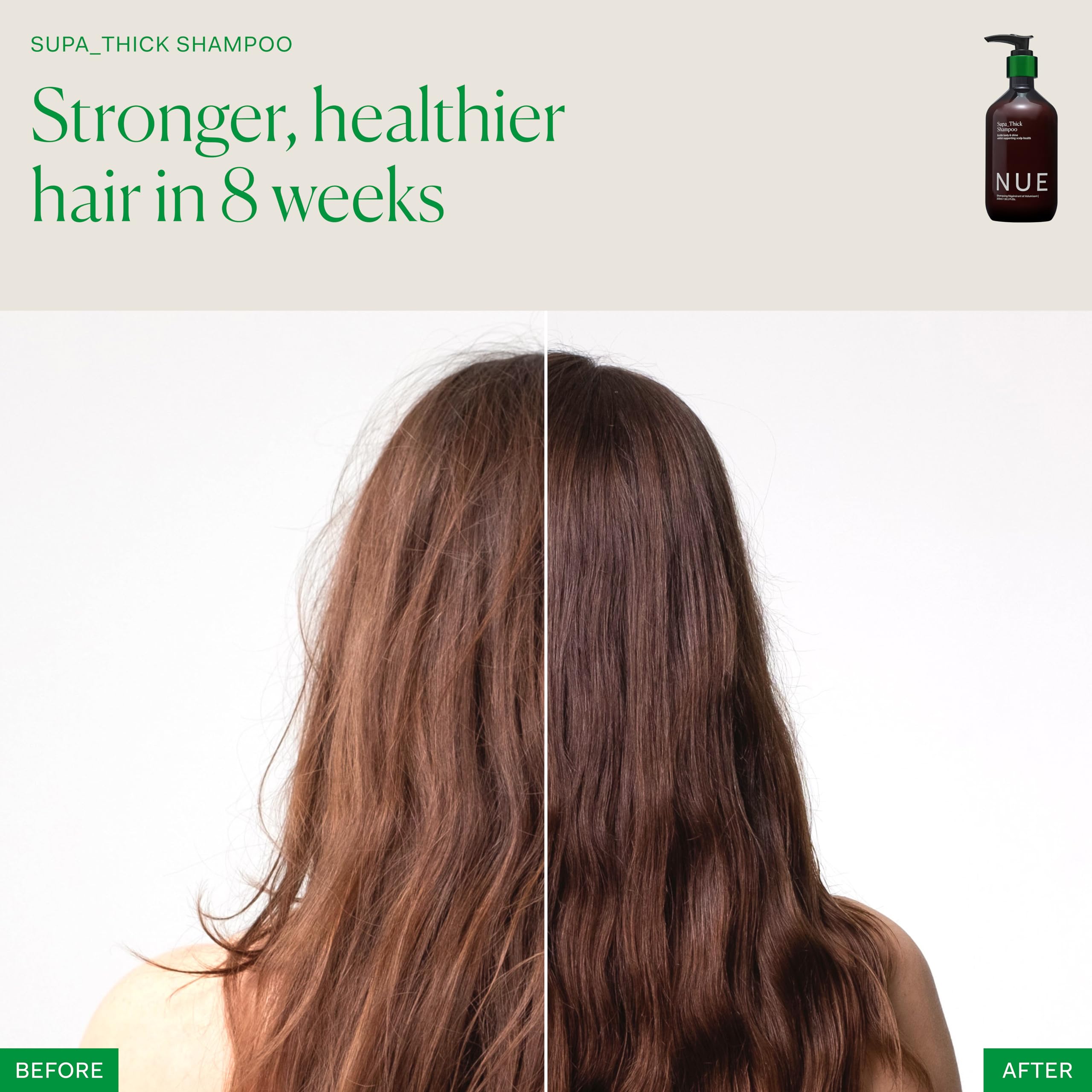 The Nue Co SUPA THICK ingredients image highlights apple cider vinegar and oats for scalp support.