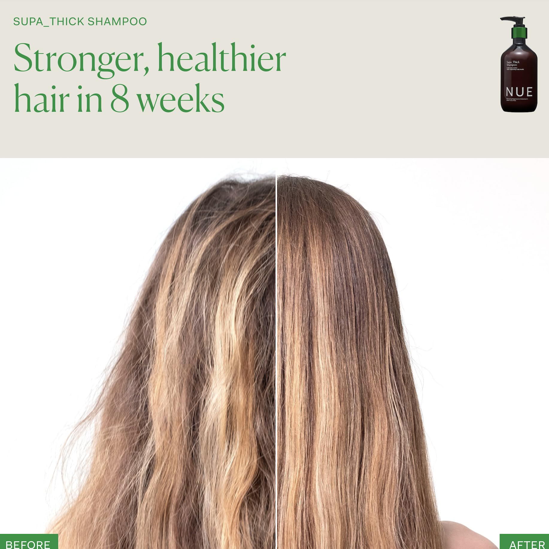 The Nue Co SUPA THICK scalp-care image showcases gentle, nourishing formula.