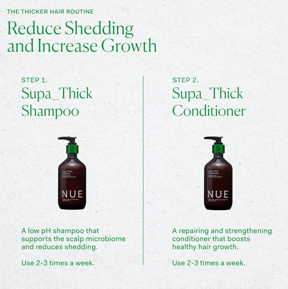 The Nue Co SUPA THICK vegan-clean image communicates a clean beauty choice for hair.