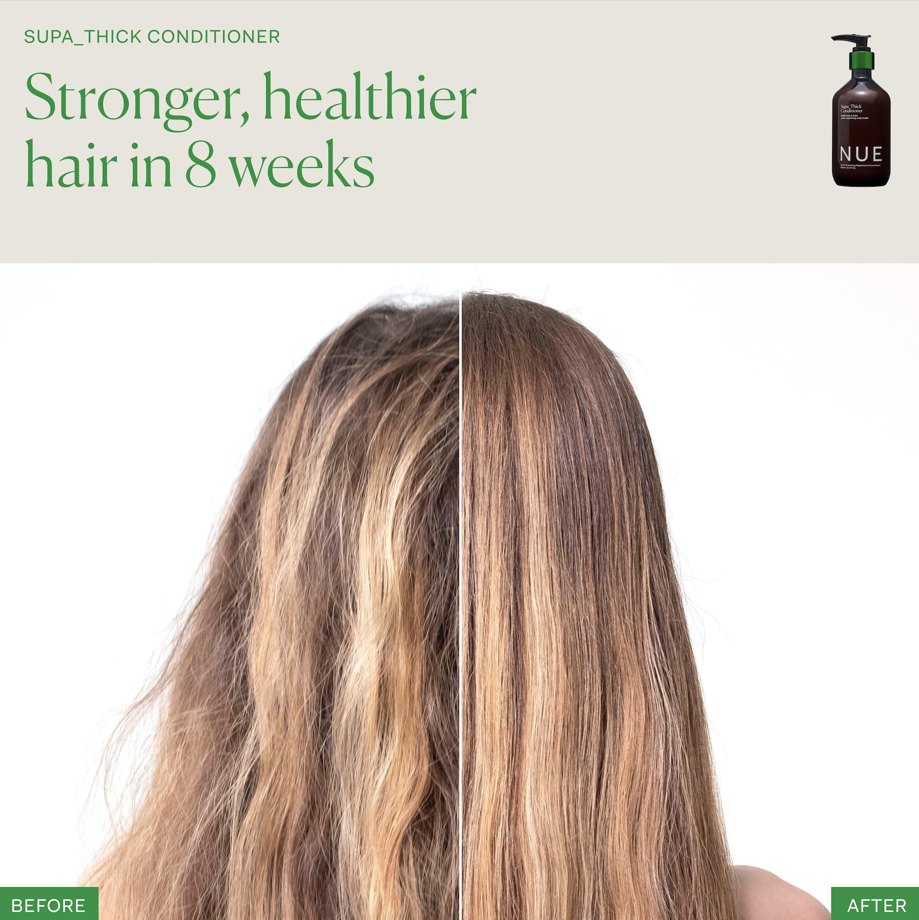 The Nue Co Vitamin B5 action image highlights conditioning support for glossy strands.