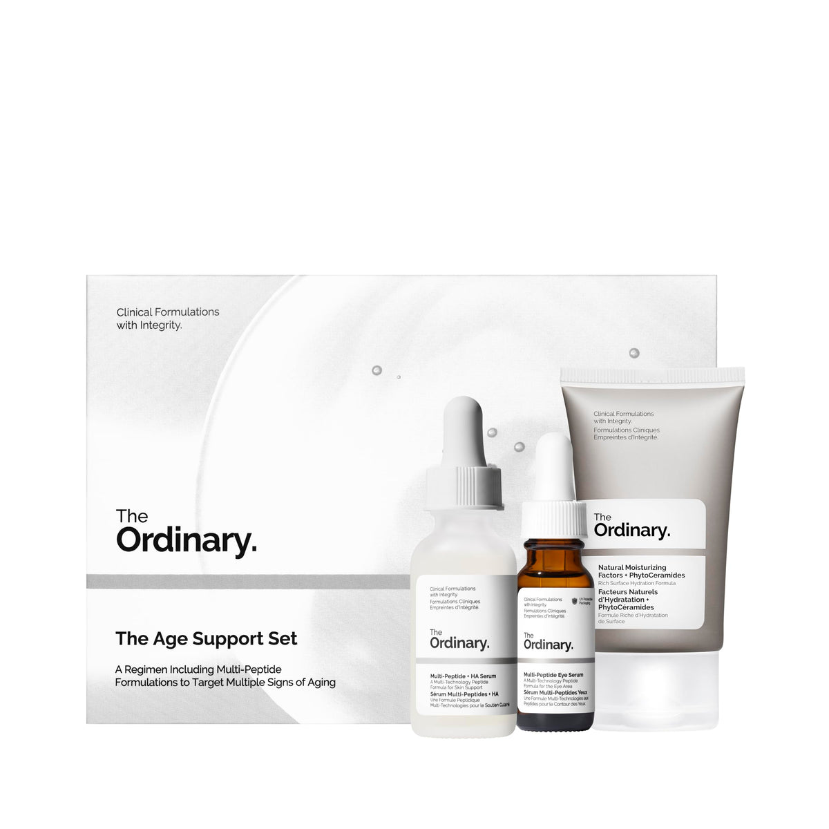 The Ordinary front packaging of the Age Support Set showing all three products for visible routine benefits