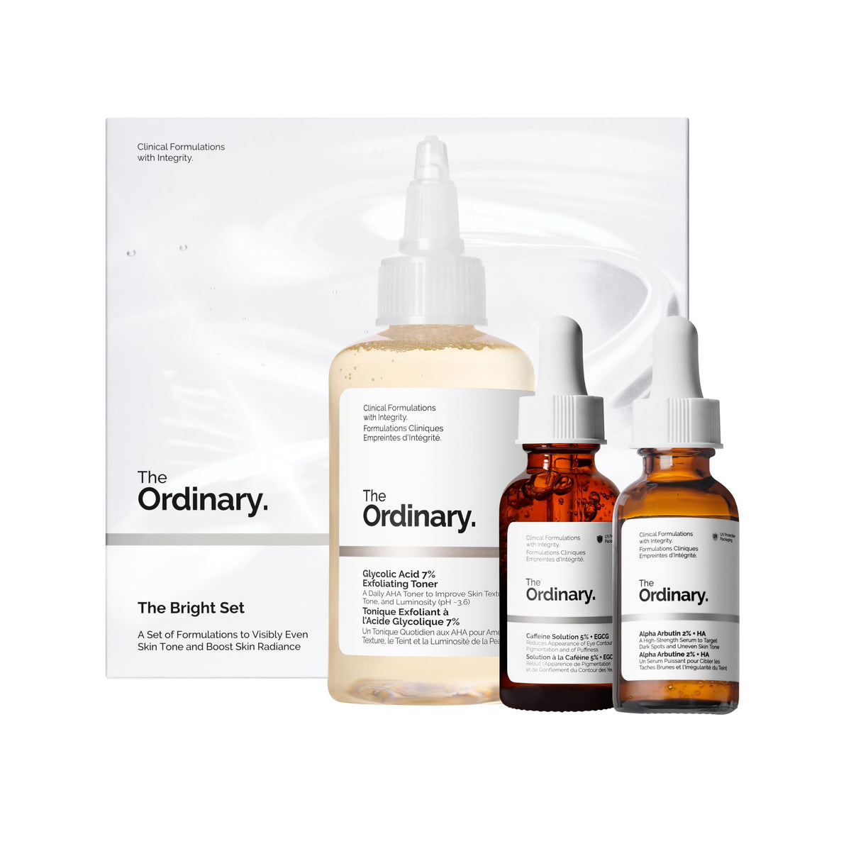 The Ordinary bright set front packaging showing kit benefits