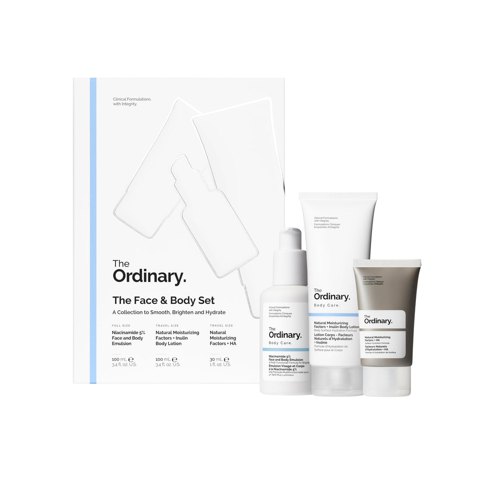 The Ordinary front packaging showing the full face and body set and clear labeling for easy selection