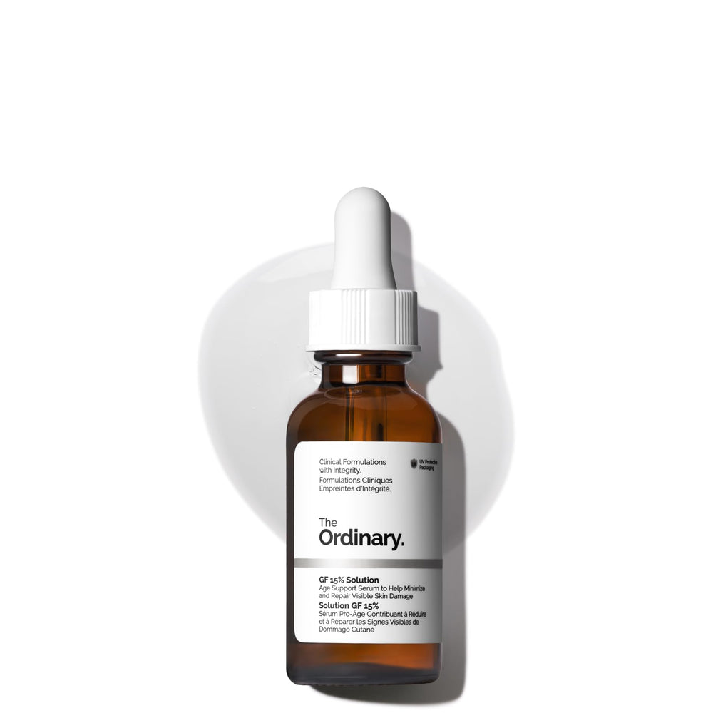 The Ordinary GF 15% front bottle showing product and clear packaging benefit hydration
