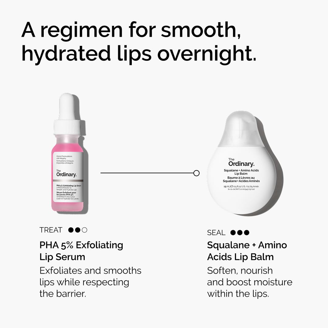 The Ordinary lip serum on nightstand beside balm suggesting overnight routine and restorative benefit