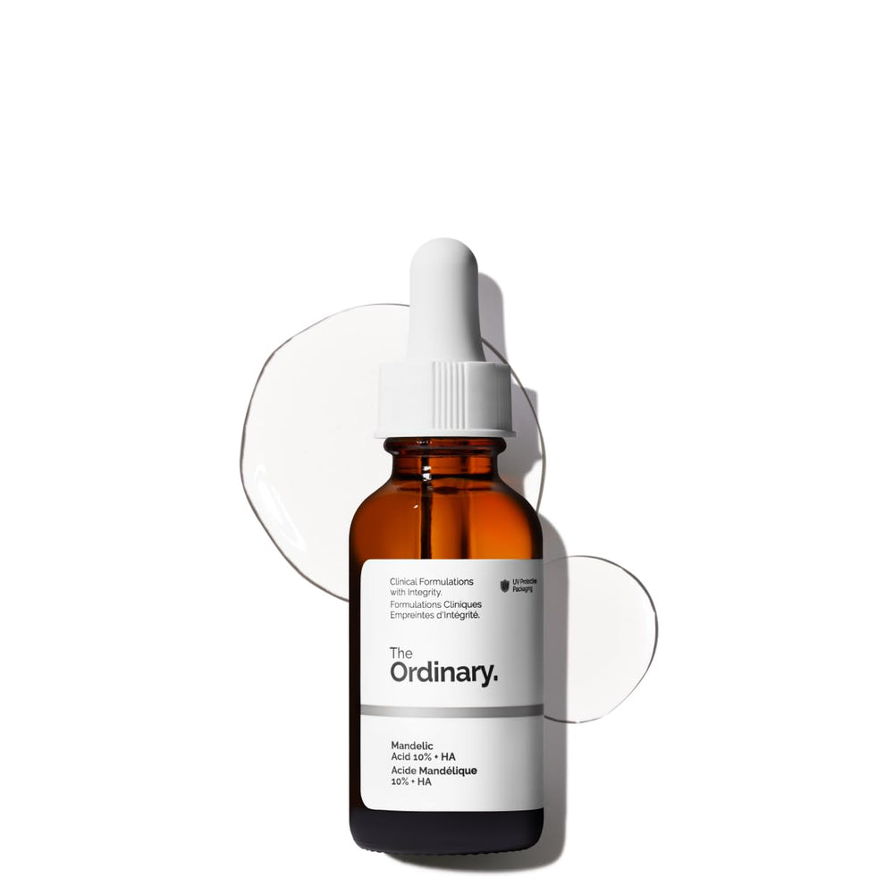 The Ordinary mandelic acid bottle front view showing clean packaging and product benefit